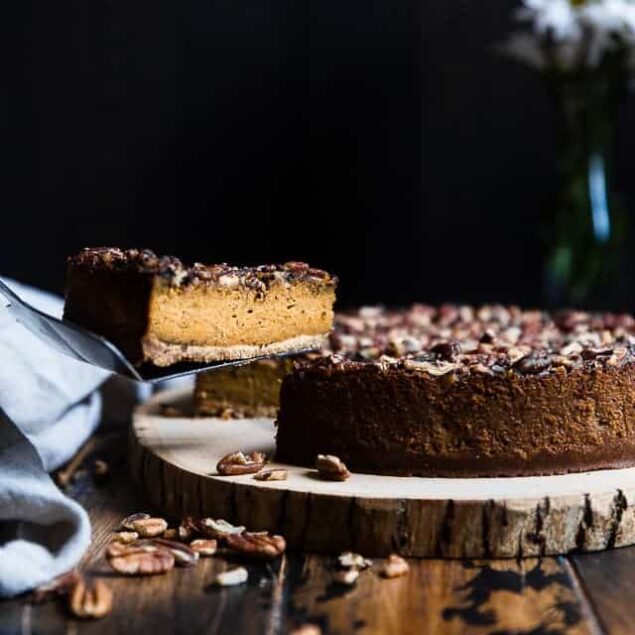 Vegan Pumpkin Chai Cheesecake - This dairy-free, gluten free pumpkin cheesecake is infused with spicy chai tea! It's an easy, healthy and paleo friendly show-stopping fall dessert! | Foodfaithfitness.com | @FoodFaithFit