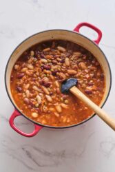 Hearty vegetarian bean vegetable soup in a red pot with a wooden spoon, healthy comfort food, high fiber, protein-rich, perfect for meal prep and nutritious family meals.
