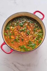 Hearty vegan black bean vegetable soup in a red pot on a white marble surface. Healthy meal, plant-based protein, nutritious soup, easy recipe, comfort food.