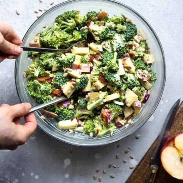 Honey Mustard Broccoli Apple Salad with Greek Yogurt  - An easy, gluten free and healthy side dish that even kids will like! It's protein packed and makes great leftovers! | #Foodfaithfitness | #Glutenfree #Grainfree #Healthy #GreekYogurt