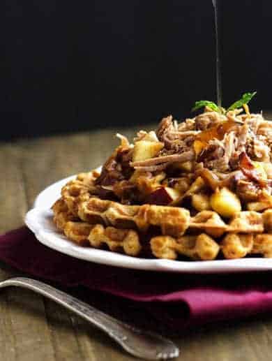 Skinnier Cornbread Waffles With Pulled Pork And Maple Apple Chutney {Whole Wheat} - Food Faith Fitness