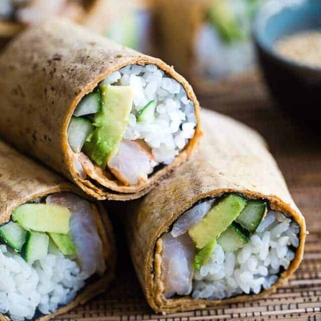 Gluten Free Spicy Shrimp Sushi Burritos - A quick and easy, healthy lunch recipe that is dairy free and has all the sushi taste, without all the work! Perfect for meal prep too! | Foodfaithfitness.com | @FoodFaithFit