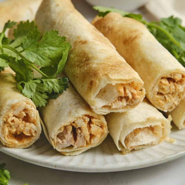 Crispy chicken spring rolls served with fresh cilantro and a side of salsa, highlighting healthy, delicious meal options from Food Faith Fitness for balanced eating.