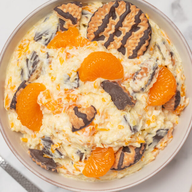 Sweet potato salad with mandarin oranges, crispy cookies, and a creamy dressing. Perfect healthy recipe idea for maintaining a balanced, nutritious diet while satisfying sweet cravings.