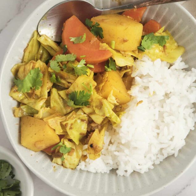 Healthy vegetarian vegetable curry with rice topped with cilantro, suitable for nutritious and wholesome meal ideas.