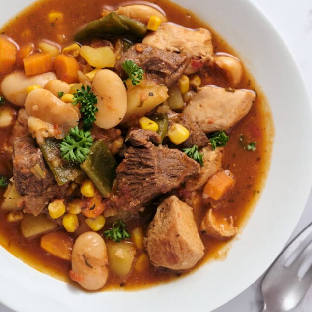 Hearty vegetable and beef stew with beans, carrots, potatoes, and herbs in a savory broth, perfect for nutritious and filling comfort food.