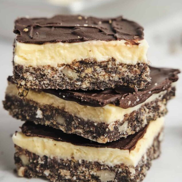 Rich chocolate and creamy vanilla layered dessert bars, perfect for healthy snacking and dessert recipes, made with wholesome ingredients for a delicious treat.