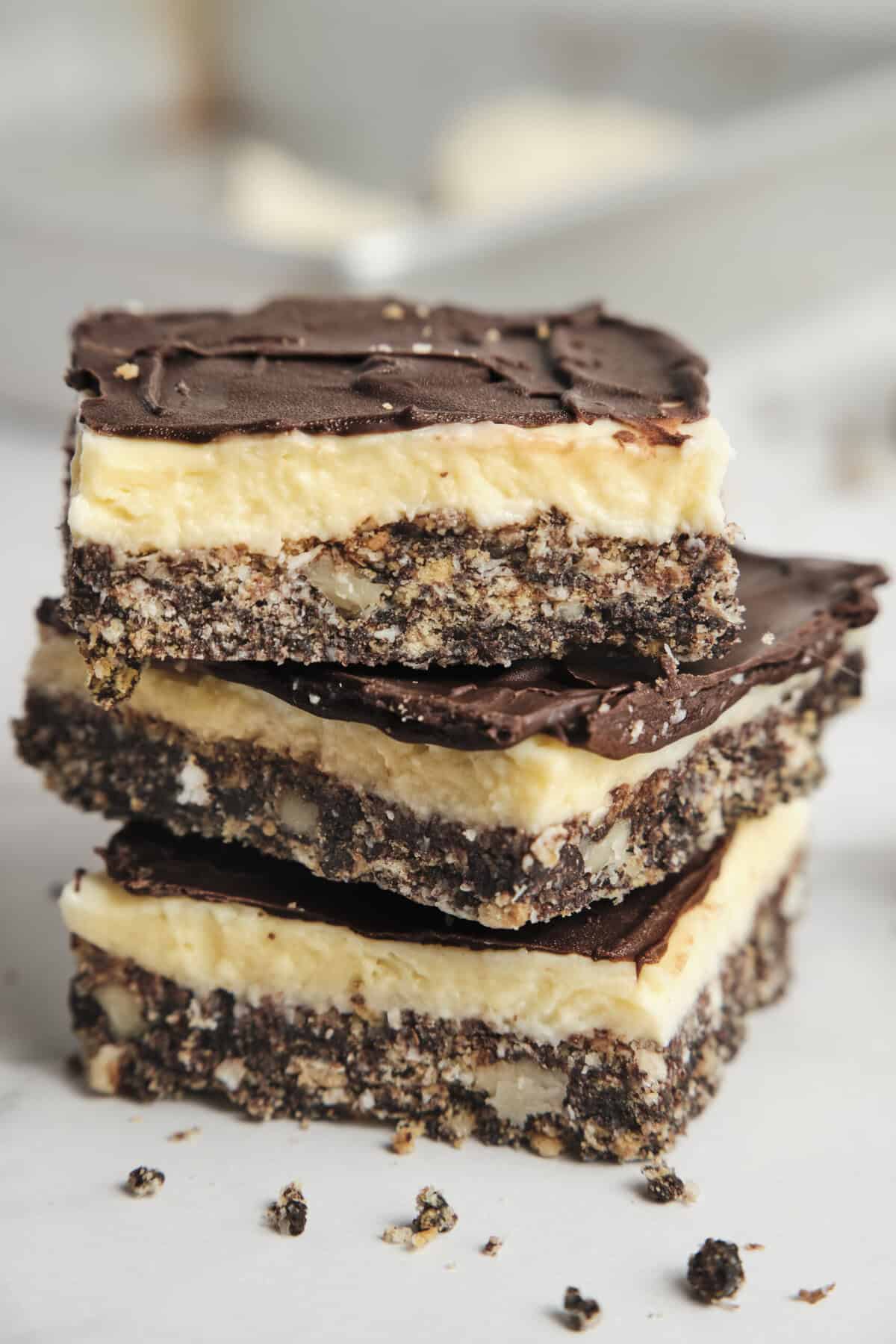 Rich chocolate and creamy vanilla layered dessert bars, perfect for healthy snacking and dessert recipes, made with wholesome ingredients for a delicious treat.