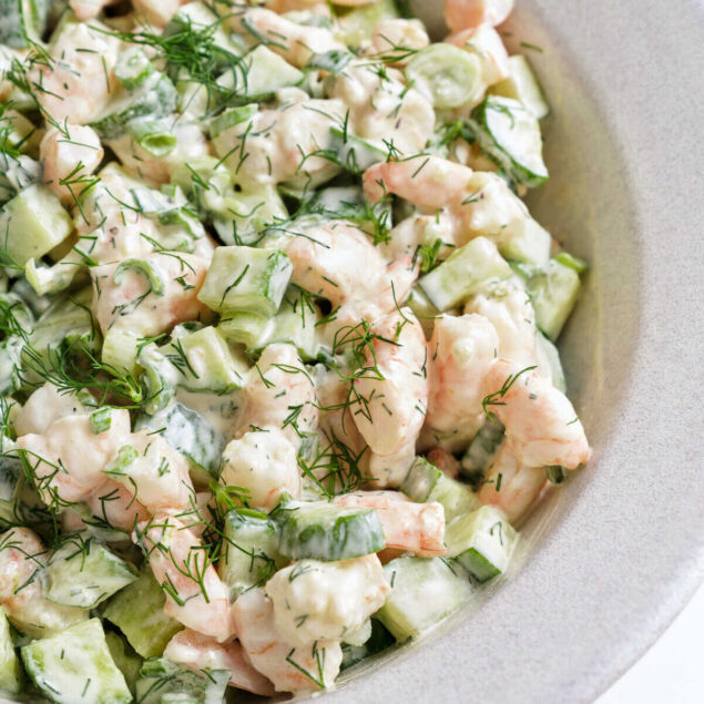 Fresh shrimp cucumber salad with creamy dill dressing, healthy and delicious seafood salad recipe, perfect for weight loss or clean eating meal prep.