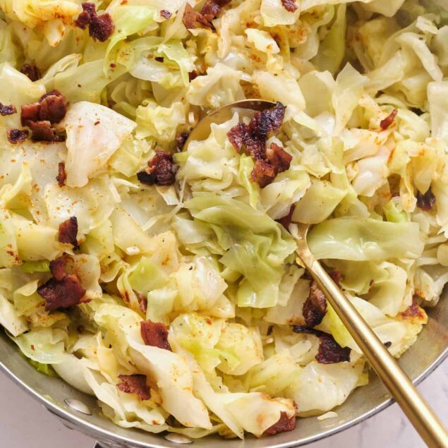 Crispy bacon and shredded cabbage stir-fry in a skillet, healthy low-carb meal, gluten-free comfort food, Food Faith Fitness.