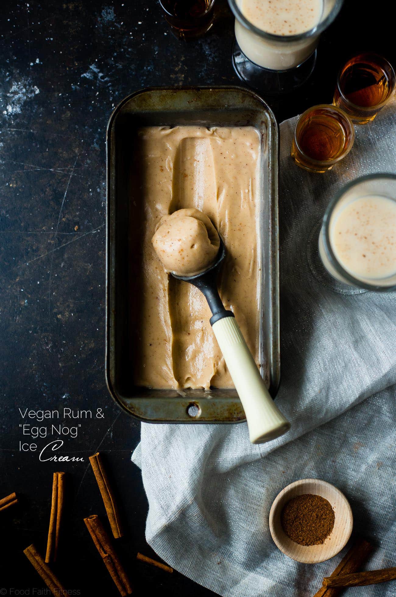 Vegan Rum and "Egg Nog" Ice Cream - This creamy, coconut milk ice cream tastes like frosty version of drinking a rum and eggnog...without the dairy or eggs! It's a healthy treat for the holidays! | Foodfaithfitness.com | @FoodFaithFit