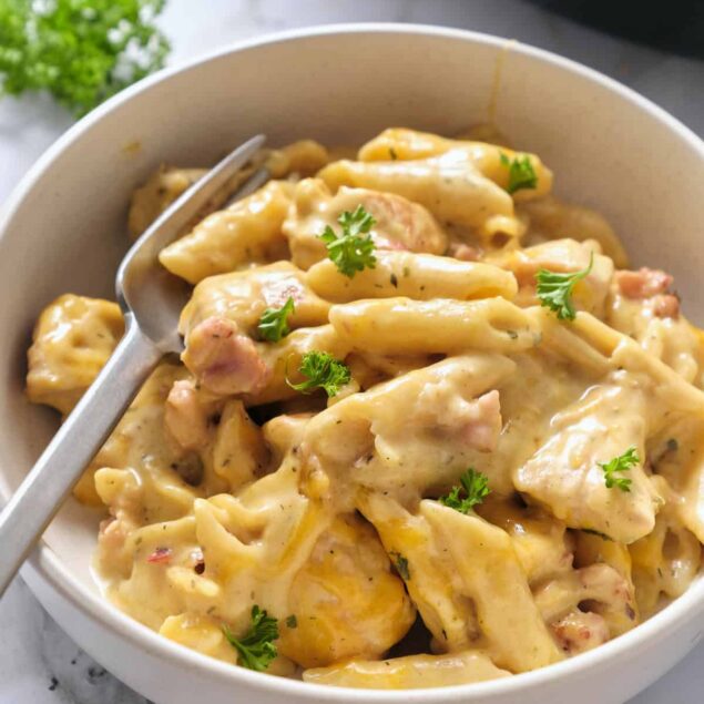 Savory chicken and pasta casserole with creamy cheese sauce garnished with fresh parsley healthy comfort food.