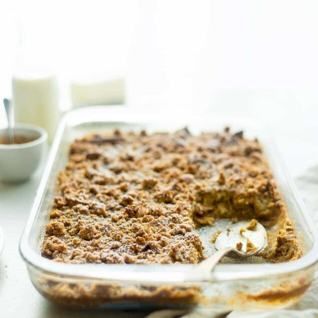 Gluten Free Overnight Eggnog Snickerdoodle Baked French Toast Casserole - Made with creamy eggnog and a snickerdoodle cookie streusel! It's the perfect make-ahead Christmas morning breakfast! | Foodfaithfitness.com | @FoodFaithFit