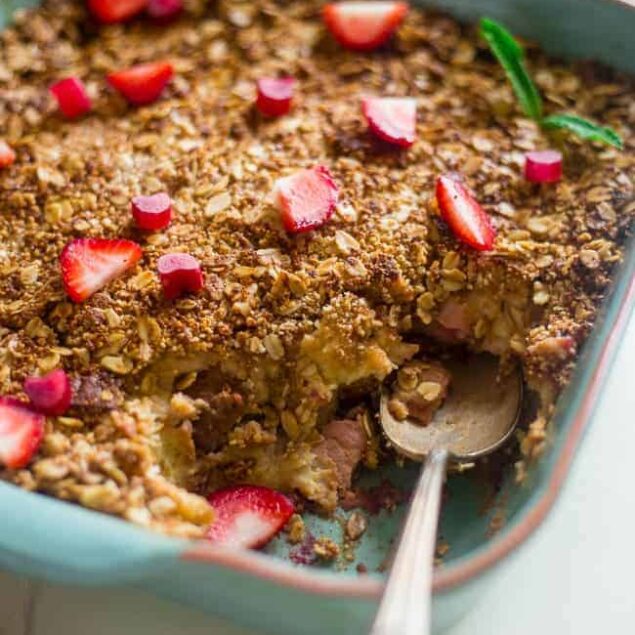 Gluten Free Strawberry Rhubarb French Toast Bake - This easy french toast bake is bursting with sweet strawberries and tangy rhubarb. It's a perfect, make-ahead spring breakfast or brunch! | Foodfaithfitness.com | @FoodFaithFit