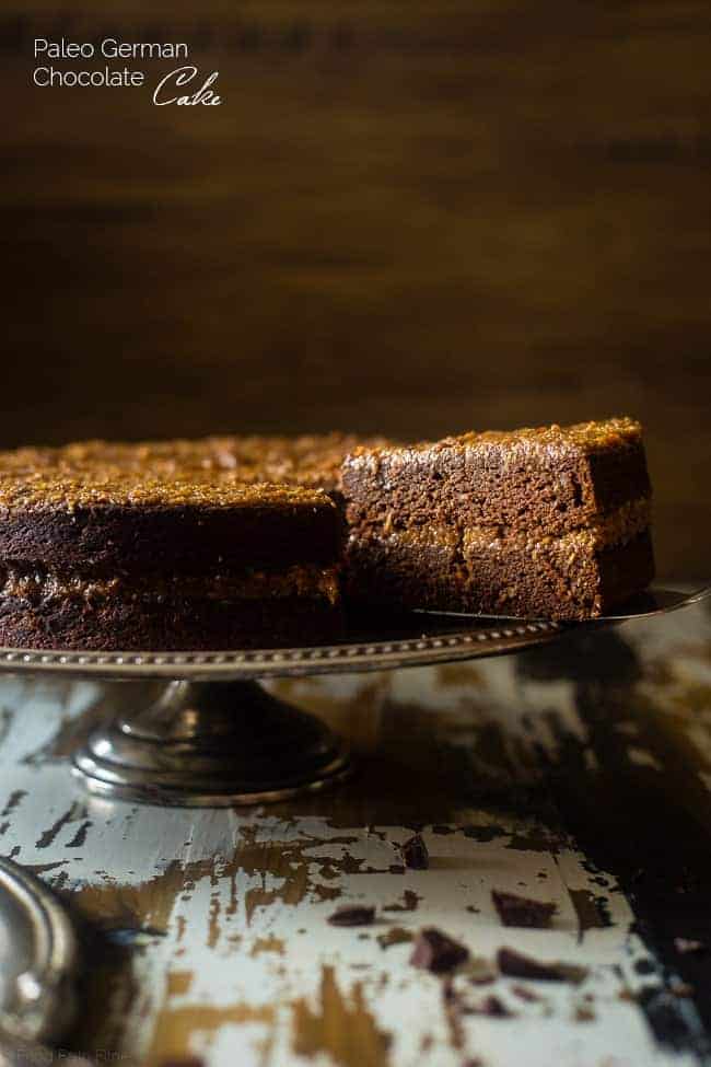 Paleo German Chocolate Cake - You'd never know this rich, moist German Chocolate Cake is a healthy remake that is paleo friendly and gluten, grain, oil, butter and refined sugar free! | Foodfaithfitness.com | @FoodFaithFit