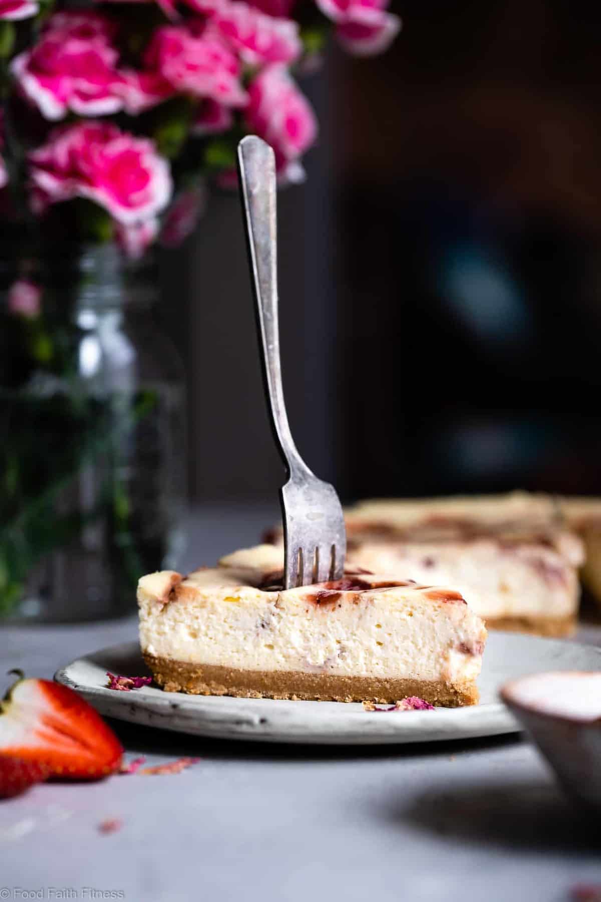 Gluten Free Strawberry Swirled Cottage Cheese Cheesecake - This Healthy Cottage Cheese Cheesecake is packed with protein and is so easy to make! Gluten free, grain free, better for you and SO creamy! | #Foodfaithfitness |