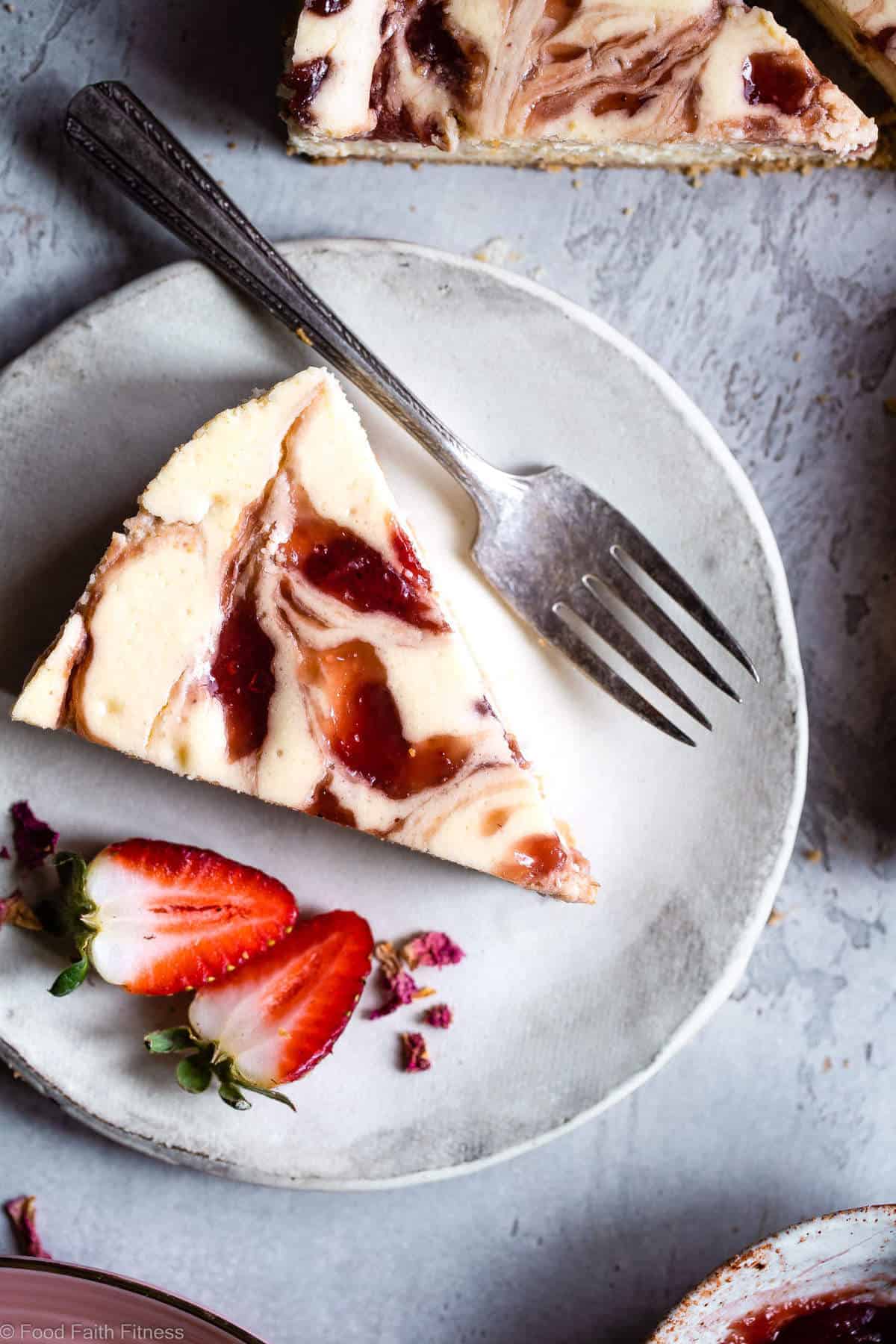 Gluten Free Strawberry Swirled Cottage Cheese Cheesecake - This Healthy Cottage Cheese Cheesecake is packed with protein and is so easy to make! Gluten free, grain free, better for you and SO creamy! | #Foodfaithfitness | #Glutenfree #Grainfree #Healthy #Cheesecake #Cottagecheese