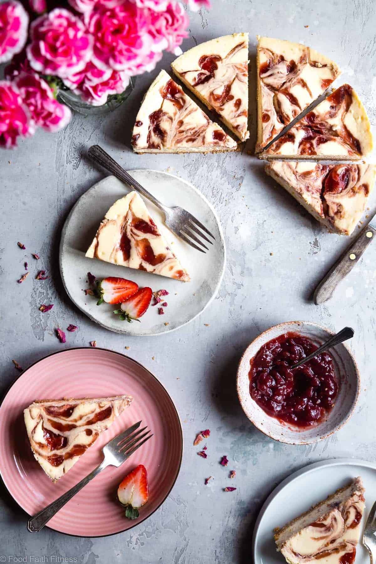 Gluten Free Strawberry Swirled Cottage Cheese Cheesecake - This Healthy Cottage Cheese Cheesecake is packed with protein and is so easy to make! Gluten free, grain free, better for you and SO creamy! | #Foodfaithfitness |