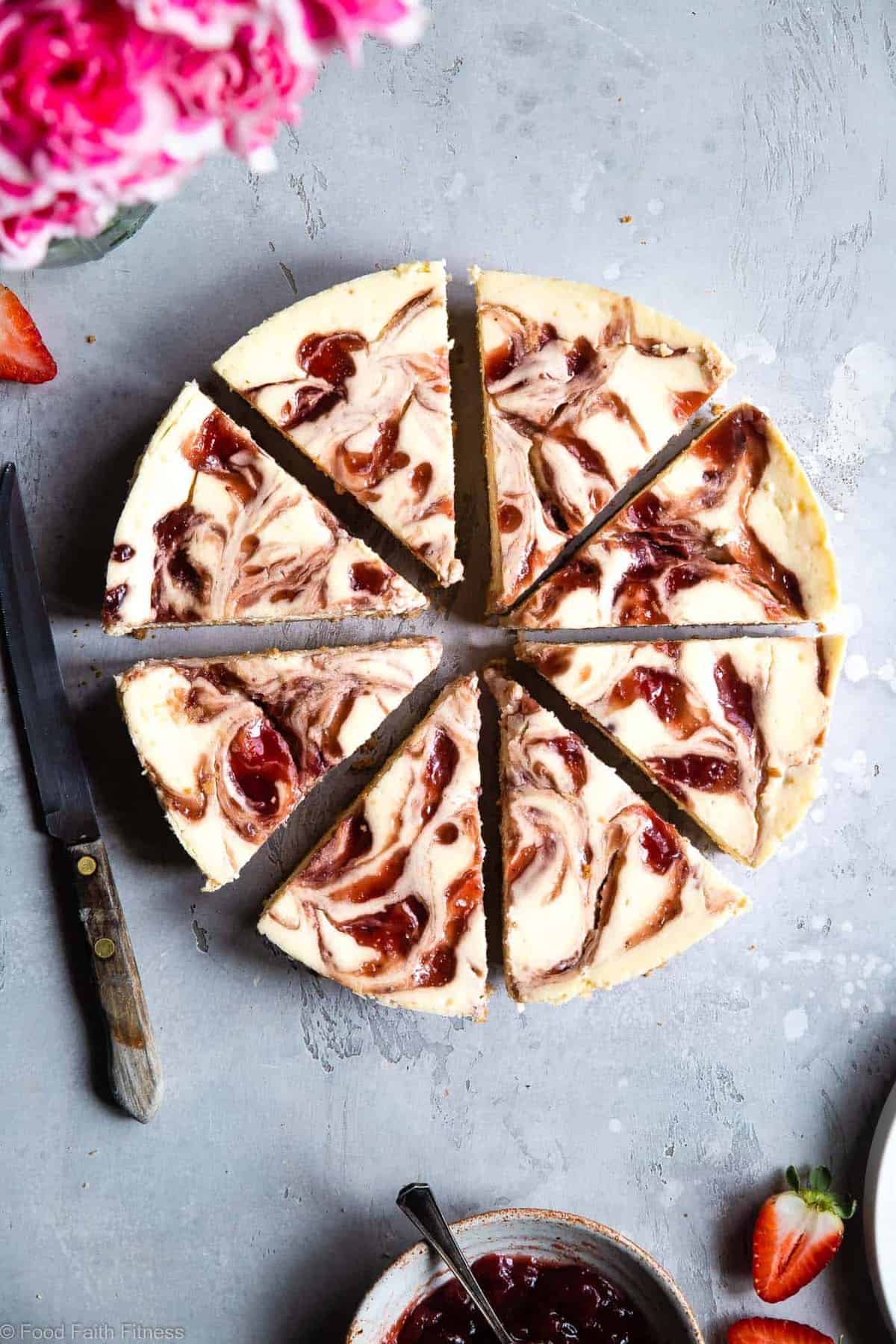 Gluten Free Strawberry Swirled Cottage Cheese Cheesecake - This Healthy Cottage Cheese Cheesecake is packed with protein and is so easy to make! Gluten free, grain free, better for you and SO creamy! | #Foodfaithfitness | #Glutenfree #Grainfree #Healthy #Cheesecake #Cottagecheese Gluten Free Strawberry Swirled Cottage Cheese Cheesecake - This Healthy Cottage Cheese Cheesecake is packed with protein and is so easy to make! Gluten free, grain free, better for you and SO creamy! | #Foodfaithfitness |