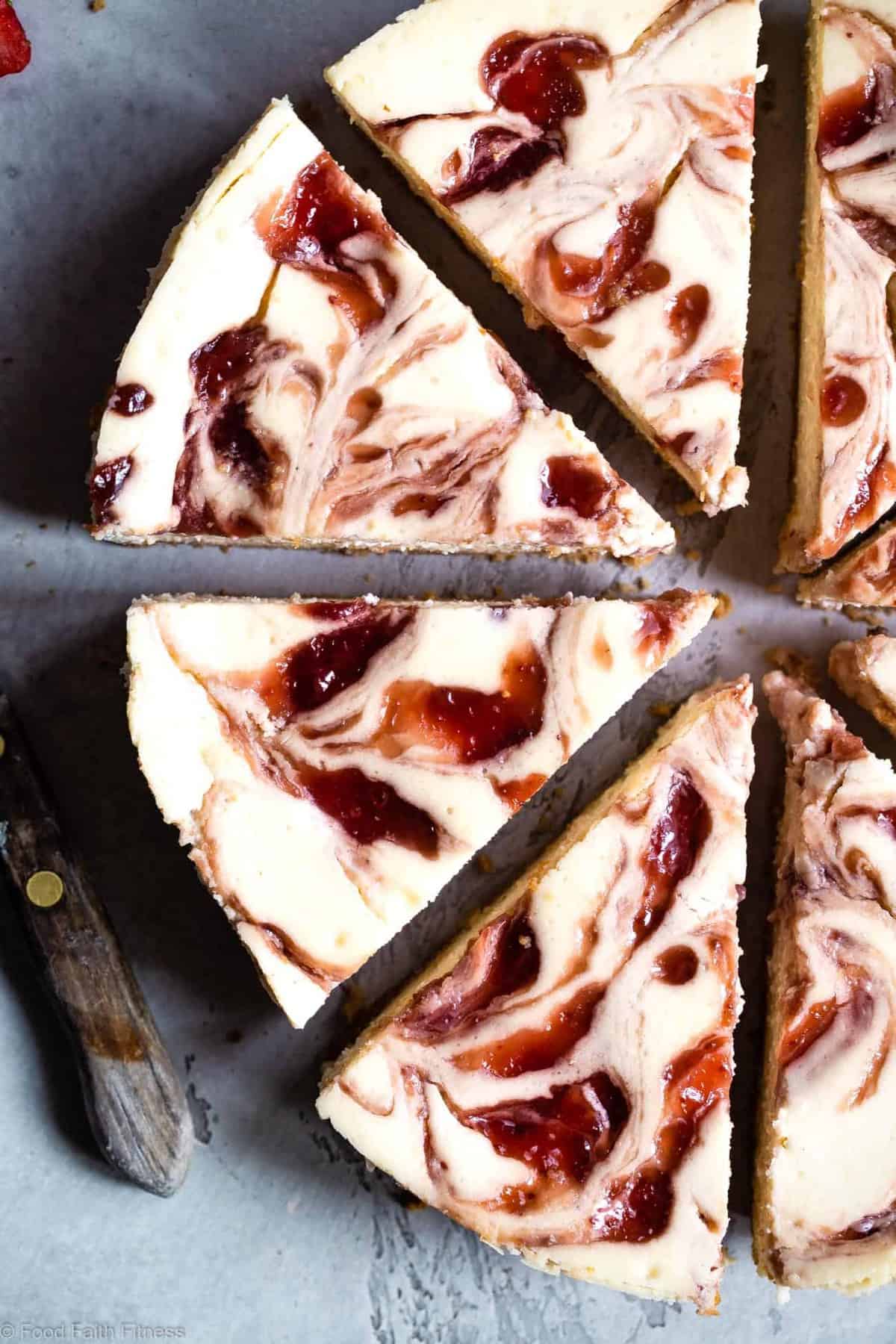 Gluten Free Strawberry Swirled Cottage Cheese Cheesecake - This Healthy Cottage Cheese Cheesecake is packed with protein and is so easy to make! Gluten free, grain free, better for you and SO creamy! | #Foodfaithfitness | #Glutenfree #Grainfree #Healthy #Cheesecake #Cottagecheese