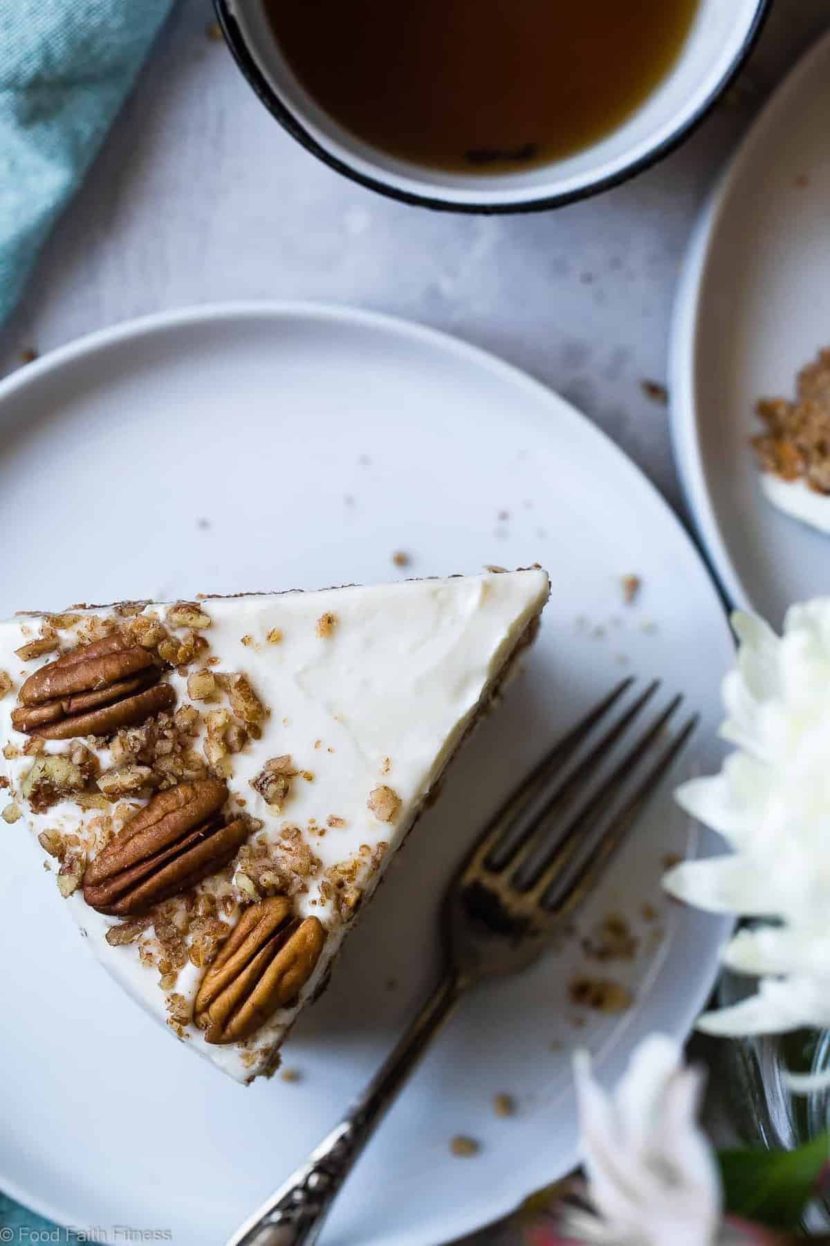 Low Carb Sugar Free Carrot Cake - this healthy, sugar free carrot cake is SO moist and tender, you'll never know it's gluten, oil and butter free, made with Greek yogurt, only 170 calories and 5 WW Freestyle points! Perfect for Easter! | #Foodfaithfitness | #Lowcarb #sugarfree #glutenfree #carrotcake #easter