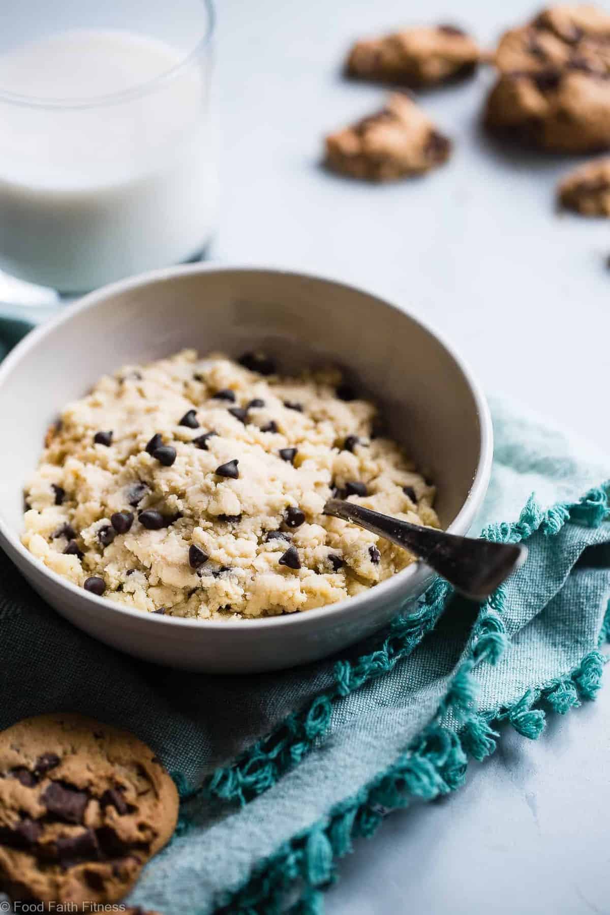 Healthy Protein Powder Cookie Dough -  This 5 ingredient healthy, edible cookie dough is gluten free, paleo/vegan friendly and ready in 5 minutes! It packs 20g of protein and only 200 calories so you can eat the whole bowl! | #Foodfaithfitness | #Glutenfree #Healthy #Paleo #Vegan #Snack