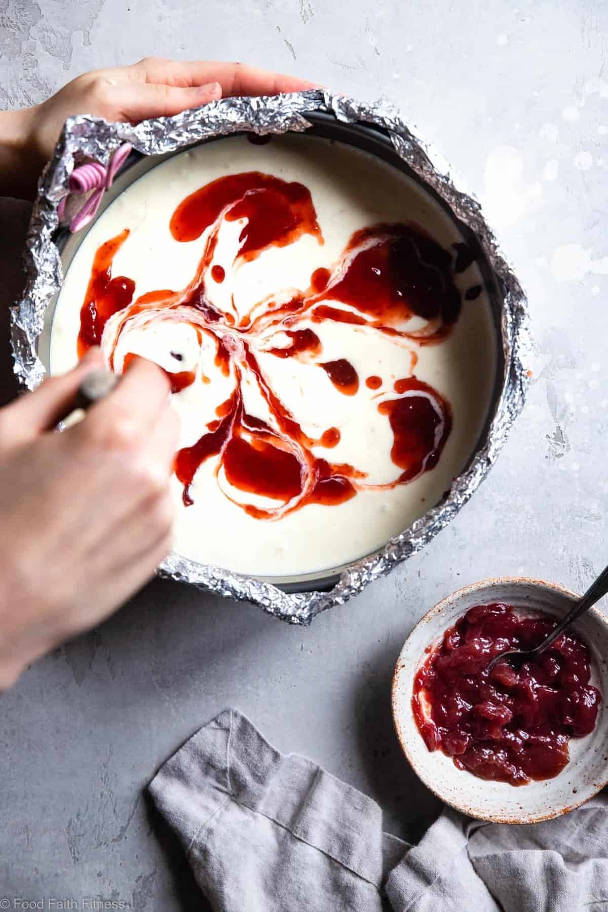 Gluten Free Strawberry Swirled Cottage Cheese Cheesecake - This Healthy Cottage Cheese Cheesecake is packed with protein and is so easy to make! Gluten free, grain free, better for you and SO creamy! | #Foodfaithfitness |