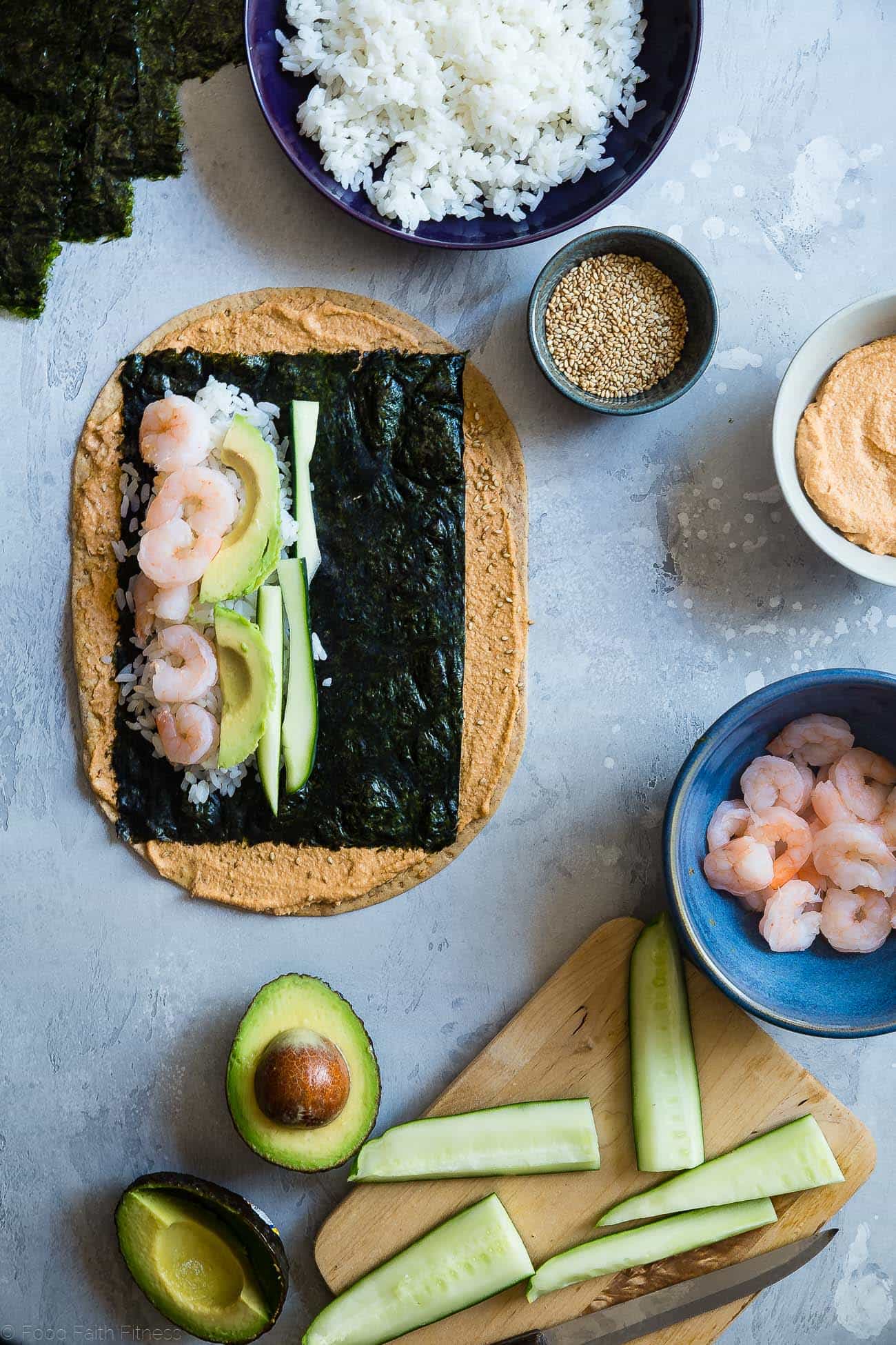 Gluten Free Spicy Shrimp Sushi Burritos - A quick and easy, healthy lunch recipe that is dairy free and has all the sushi taste, without all the work! Perfect for meal prep too! | Foodfaithfitness.com | @FoodFaithFit