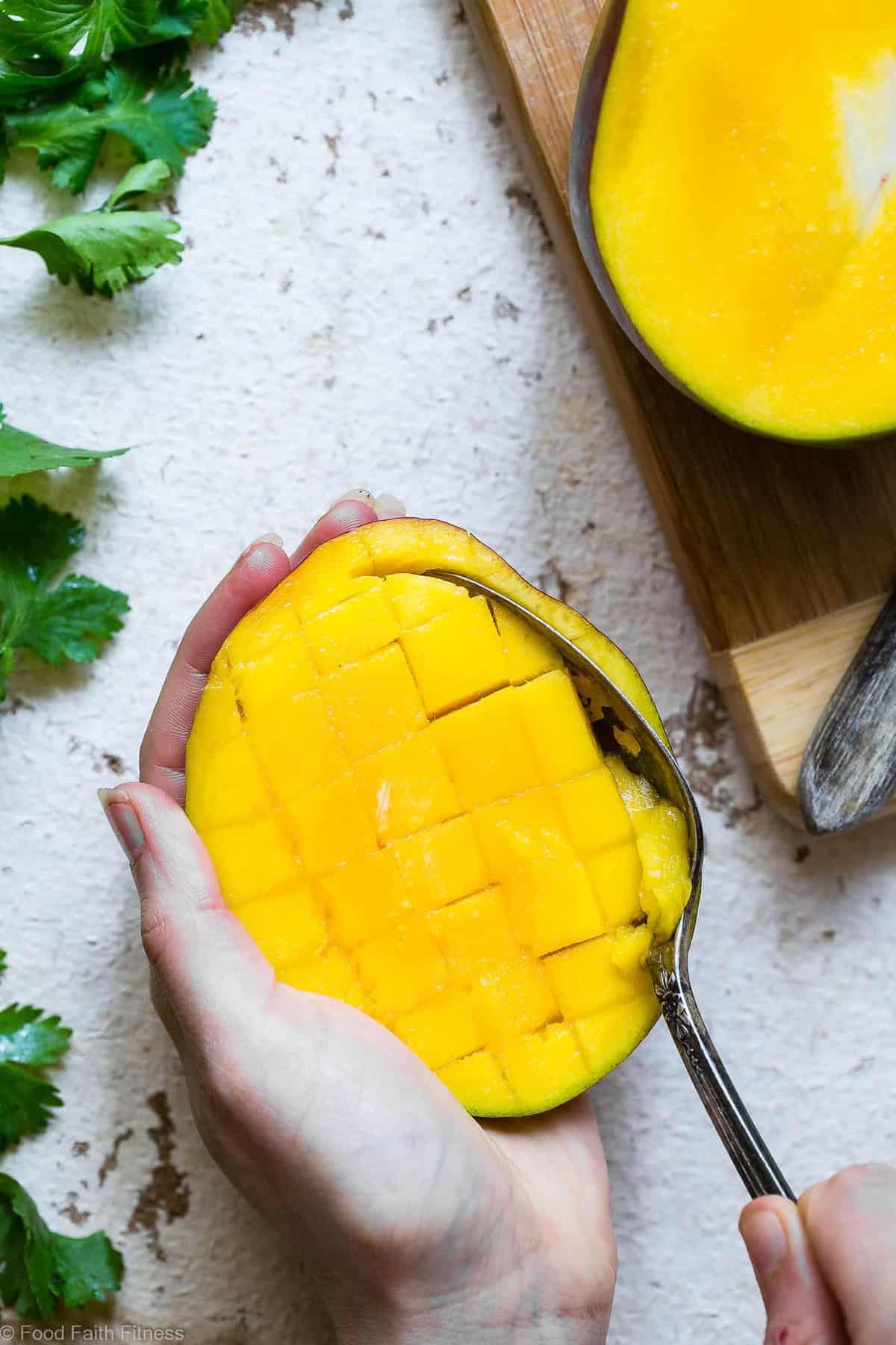 Thai Mango Avocado Salad with Grilled Sweet Potatoes - Loaded with sweet mango, tangy lime juice and creamy avocado, this is an EASY, healthy summer side that is sure to please! Gluten free, vegan, paleo and whole30 friendly too! | #Foodfaithfitness | #Whole30 #Glutenfree #Vegan #Paleo #Dairyfree