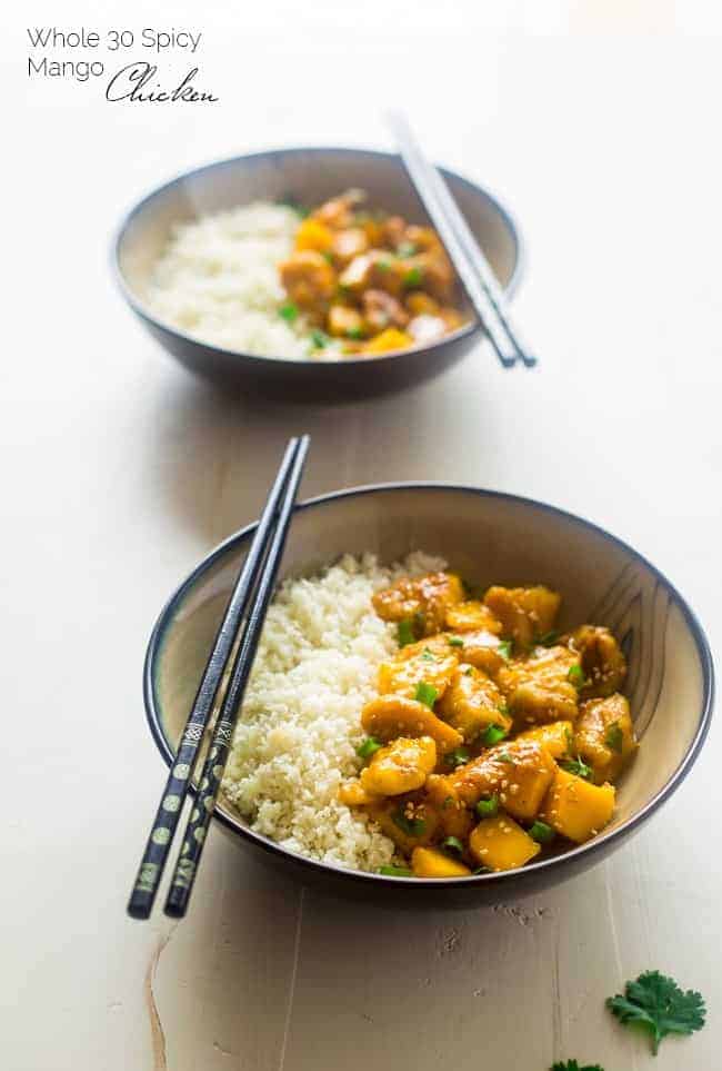 Whole 30 Mango Chicken with Coconut Cauliflower Rice - This paleo mango chicken is served over coconut cauliflower rice for a quick, easy and healthy spin on take-out that is ready in 30 mins! Recipe has a vegan option too! | Foodfaithfitness.com | @FoodFaithFit