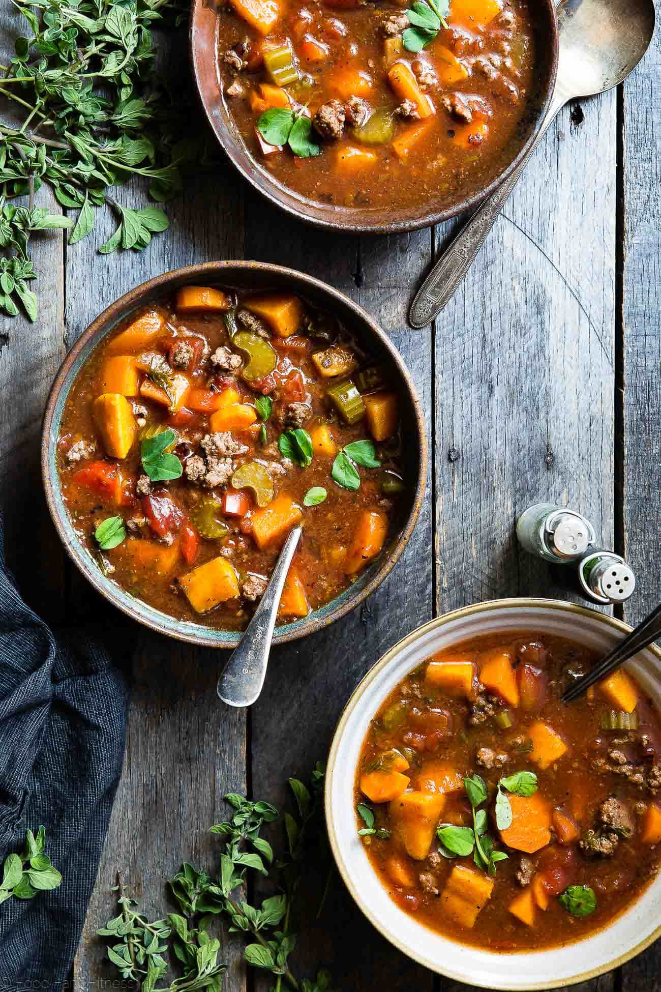 Paleo Slow Cooker Hamburger Soup -  This easy, healthy hamburger soup is made in the slow cooker and is a grain/dairy/sugar/gluten free and whole30 dinner that the whole family will love! Makes great leftovers too!  | Foodfaithfitness.com | @FoodFaithFit