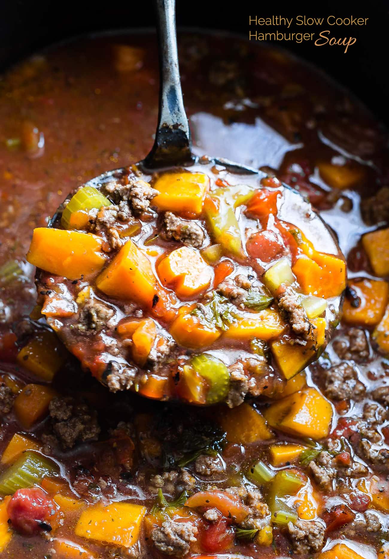 Paleo Slow Cooker Hamburger Soup -  This easy, healthy hamburger soup is made in the slow cooker and is a grain/dairy/sugar/gluten free and whole30 dinner that the whole family will love! Makes great leftovers too!  | Foodfaithfitness.com | @FoodFaithFit