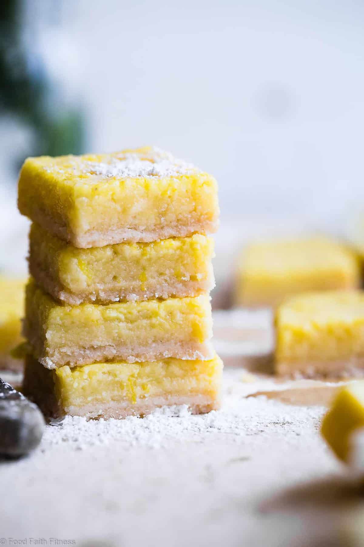 Keto Lemon Bars - These easy, gluten free lemon bars are only 5 ingredients and SO delicious! You will never believe they are only 100 calories, low carb and sugar free! | #Foodfaithfitness | #Glutenfree #Lowcarb #keto #sugarfree #healthy