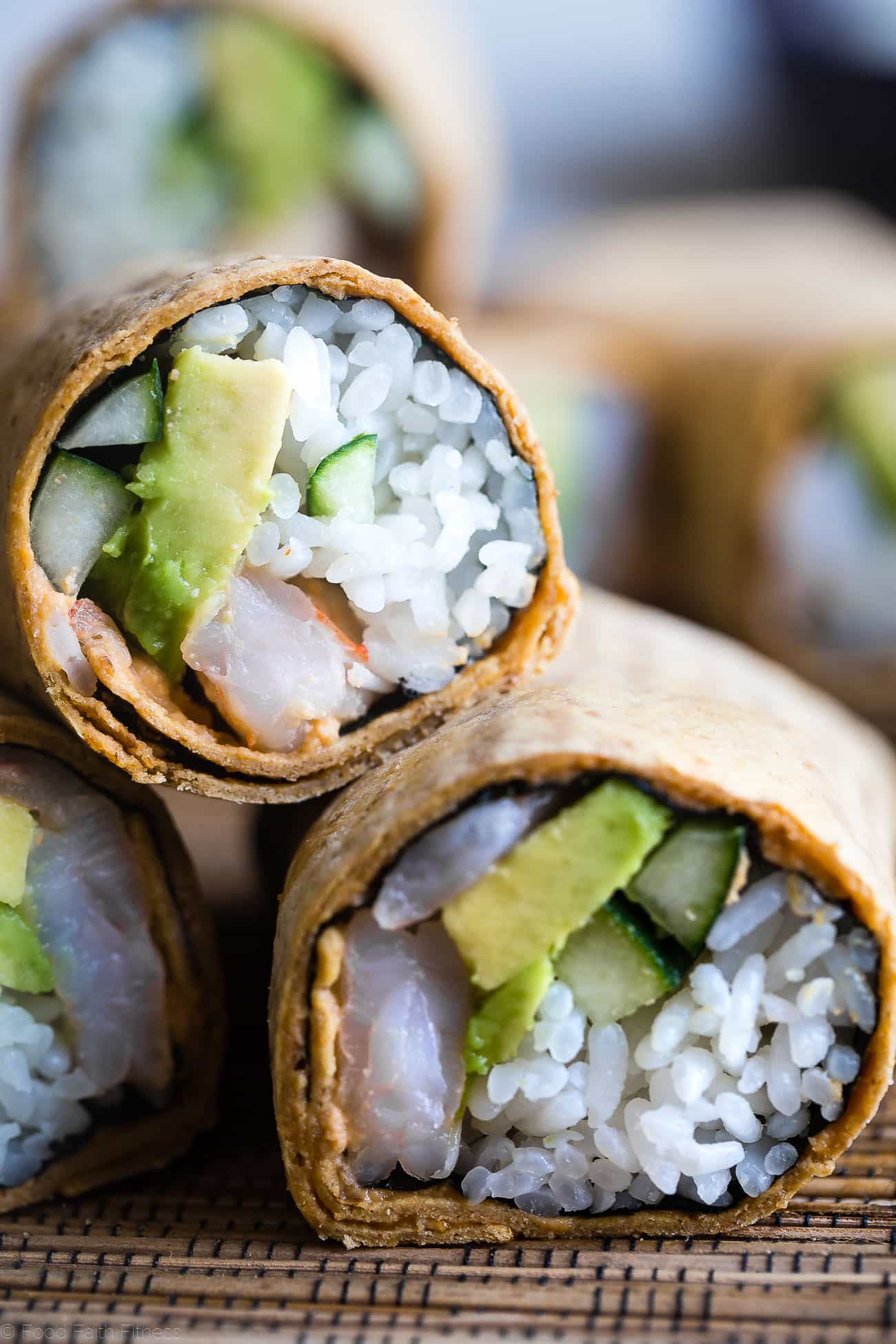 Gluten Free Spicy Shrimp Sushi Burritos - A quick and easy, healthy lunch recipe that is dairy free and has all the sushi taste, without all the work! Perfect for meal prep too! | Foodfaithfitness.com | @FoodFaithFit