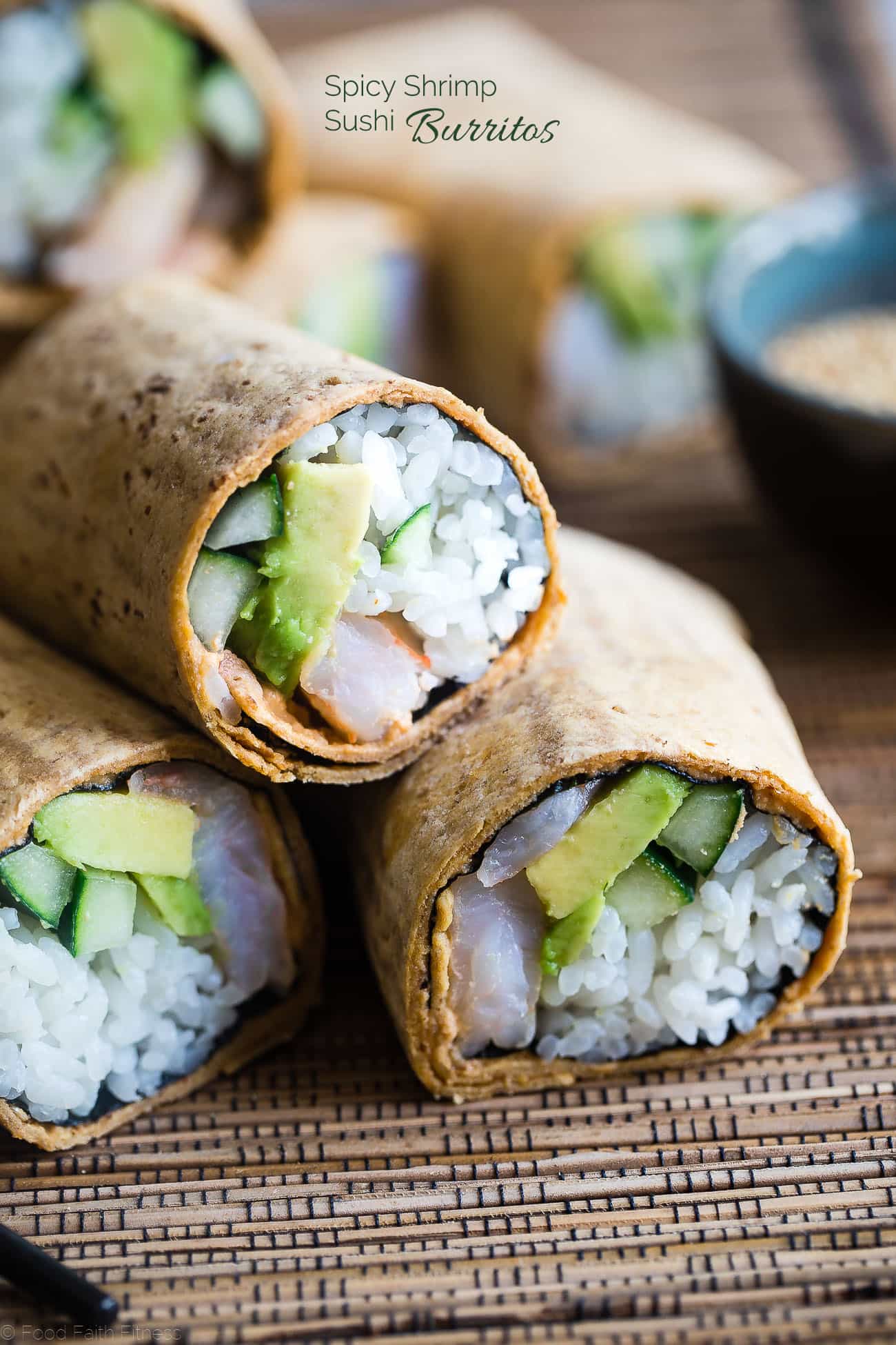 Gluten Free Spicy Shrimp Sushi Burritos - A quick and easy, healthy lunch recipe that is dairy free and has all the sushi taste, without all the work! Perfect for meal prep too! | Foodfaithfitness.com | @FoodFaithFit