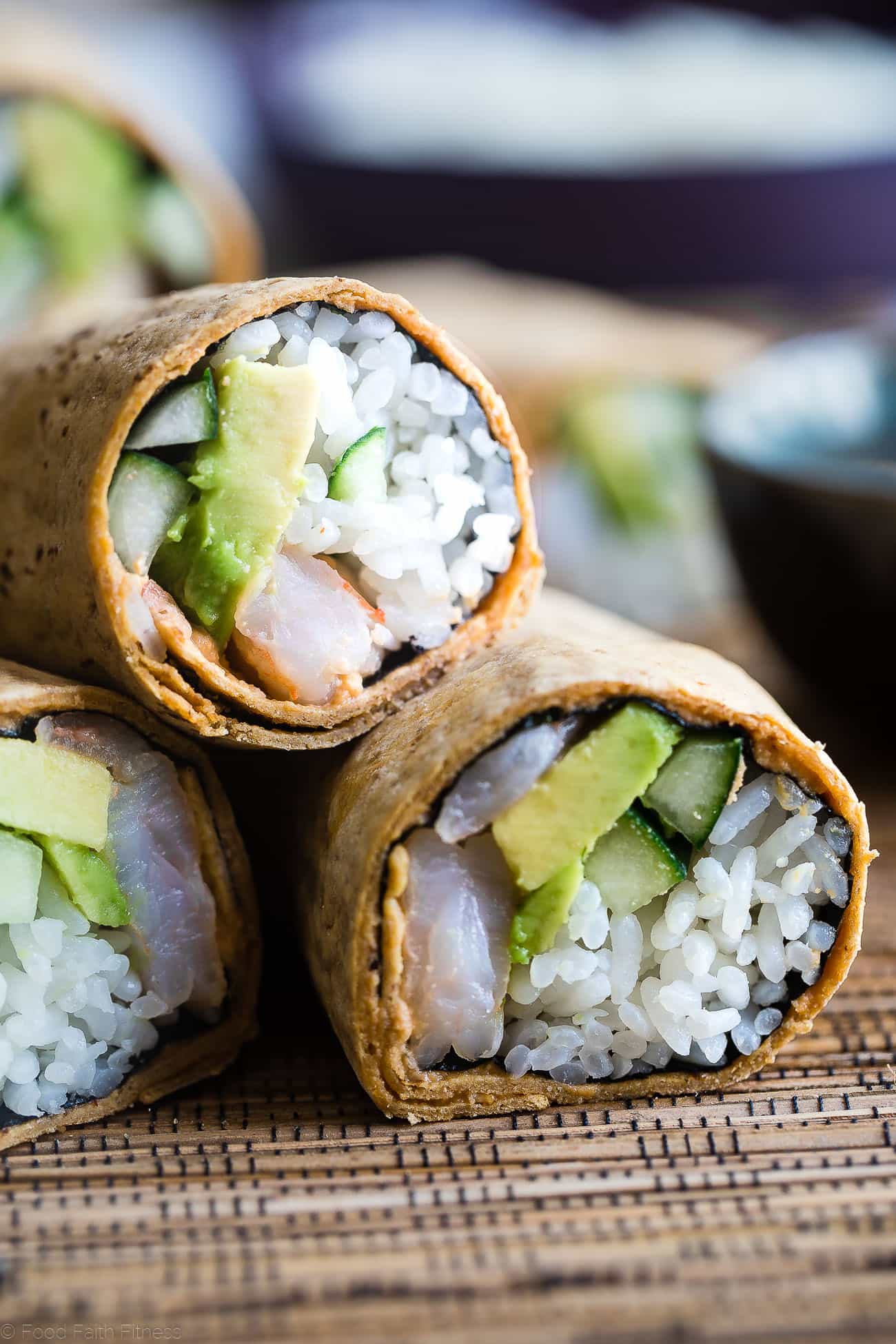 Gluten Free Spicy Shrimp Sushi Burritos - A quick and easy, healthy lunch recipe that is dairy free and has all the sushi taste, without all the work! Perfect for meal prep too! | Foodfaithfitness.com | @FoodFaithFit