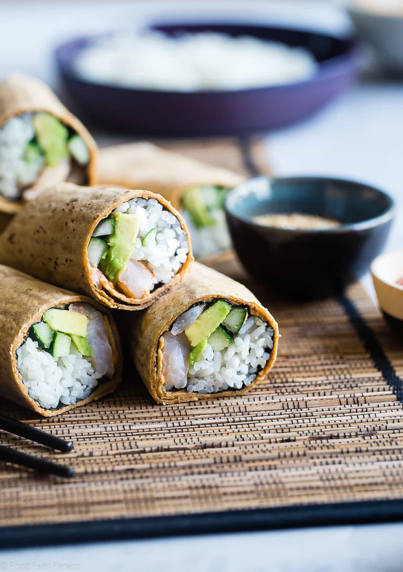 Gluten Free Spicy Shrimp Sushi Burritos - A quick and easy, healthy lunch recipe that is dairy free and has all the sushi taste, without all the work! Perfect for meal prep too! | Foodfaithfitness.com | @FoodFaithFit
