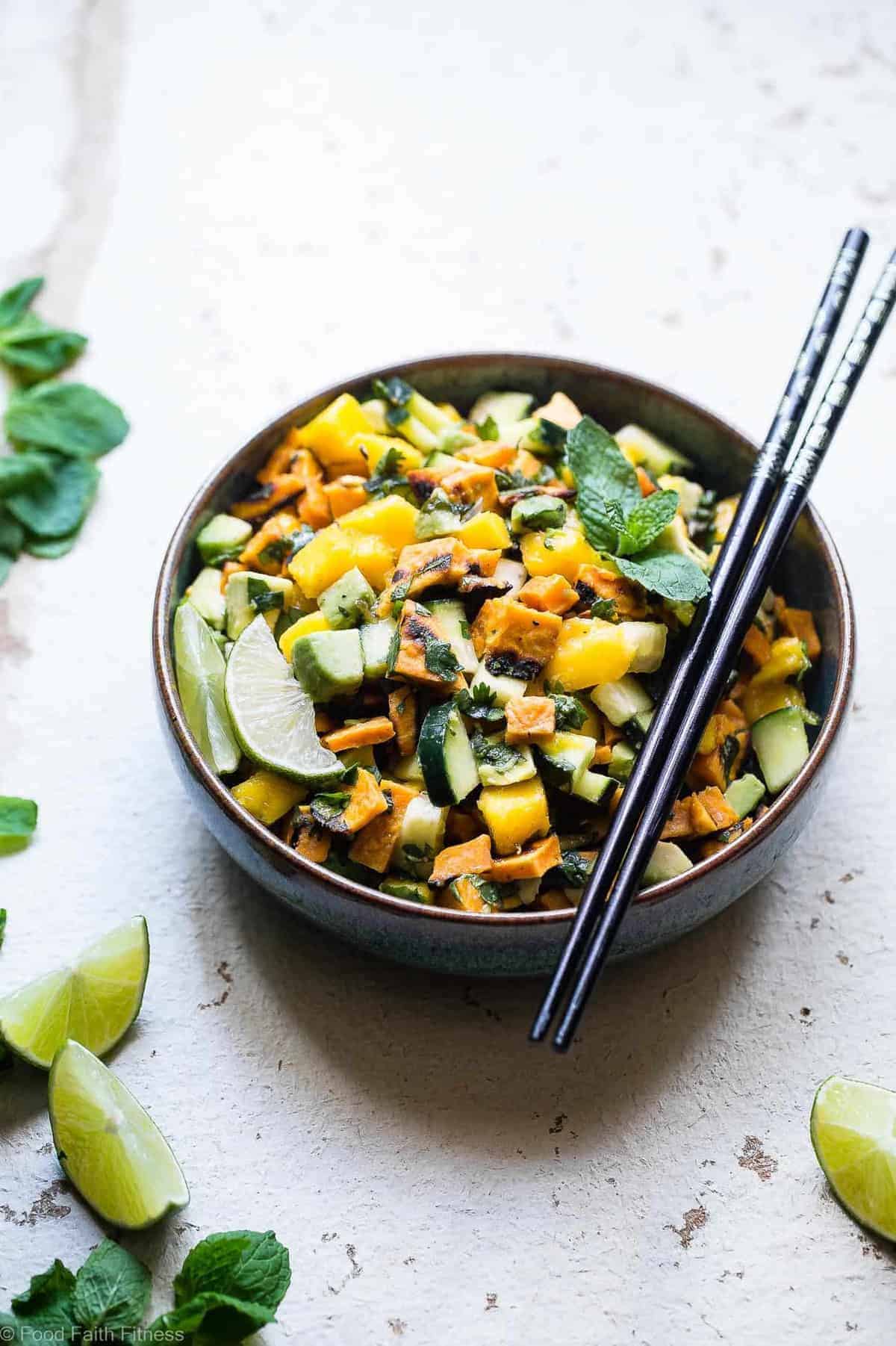 Thai Mango Avocado Salad with Grilled Sweet Potatoes - Loaded with sweet mango, tangy lime juice and creamy avocado, this is an EASY, healthy summer side that is sure to please! Gluten free, vegan, paleo and whole30 friendly too! | #Foodfaithfitness | #Whole30 #Glutenfree #Vegan #Paleo #Dairyfree