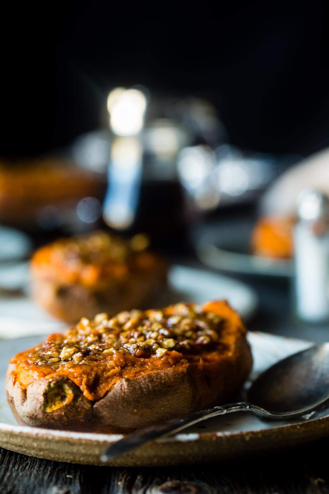 6 Ingredient Pecan Pie Twice Baked Sweet Potatotes - These tastes like pecan pie! They're the perfect sweet and savory, gluten free, healthy Thanksgiving side dish that's paleo and vegan friendly! | Foodfaithfitness.com | @FoodFaithFit