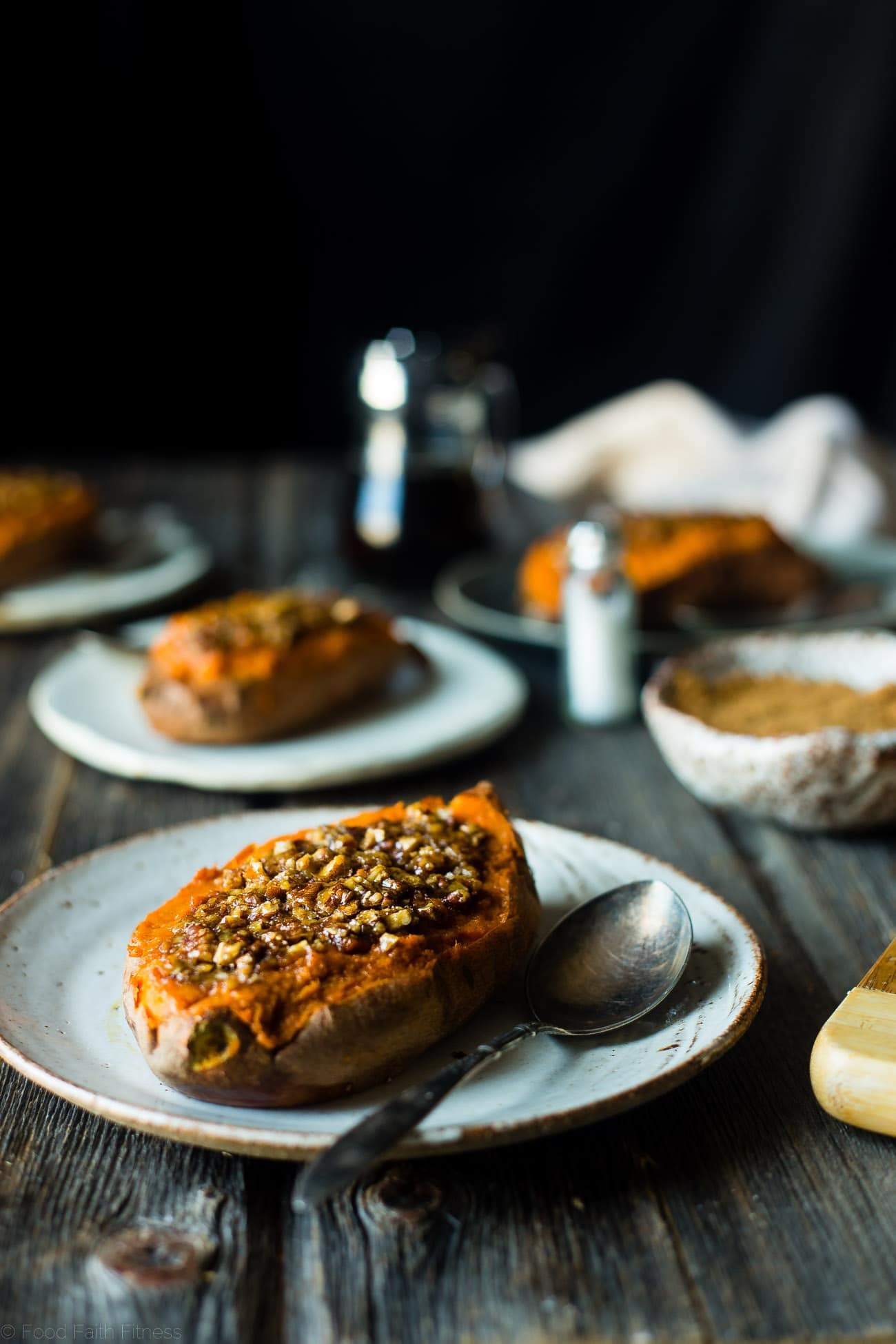 6 Ingredient Pecan Pie Twice Baked Sweet Potatotes - These tastes like pecan pie! They're the perfect sweet and savory, gluten free, healthy Thanksgiving side dish that's paleo and vegan friendly! | Foodfaithfitness.com | @FoodFaithFit