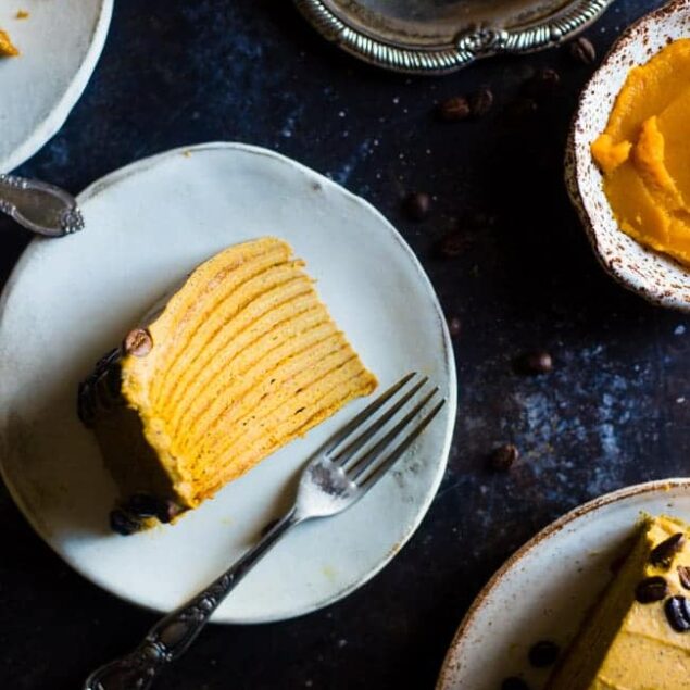 Vegan Pumpkin Spice Latte Crepe Cake - This Vegan Crepe Cake tastes like a pumpkin spice latte with a touch of coconut! It's an impressive, gluten free dessert for the holidays that's under 250 calories a slice! | Foodfaithfitness.com | @FoodFaithFit