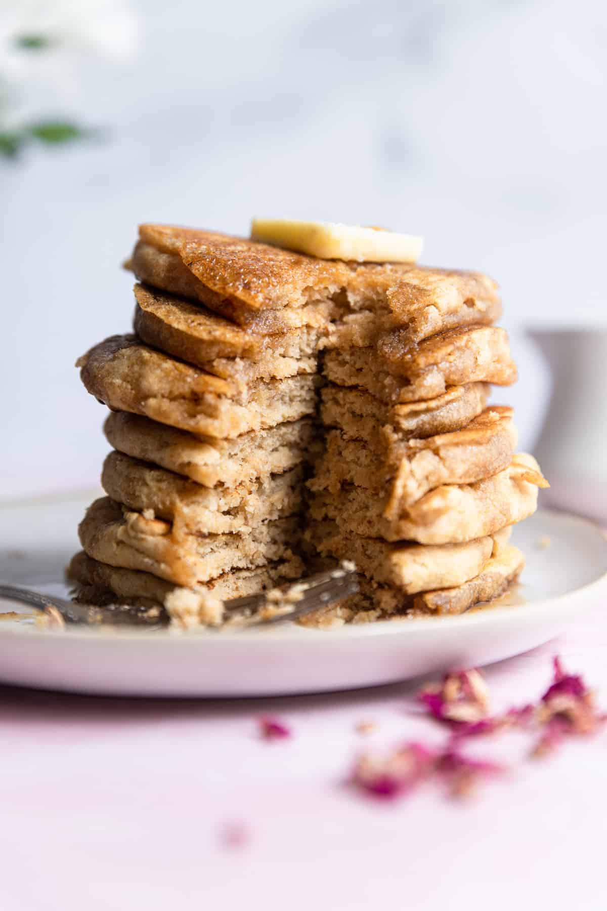 A stack of healthy vegan pancakes on a plate